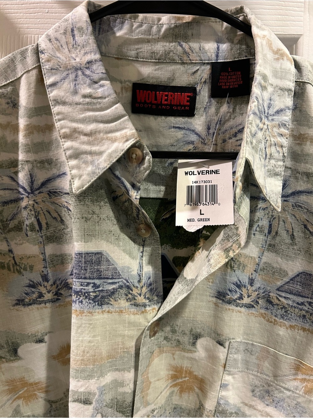 Wolverine Boots and Gear Men's L Hawaiian Camp Shirt NWT Green Palm Tree Cotton